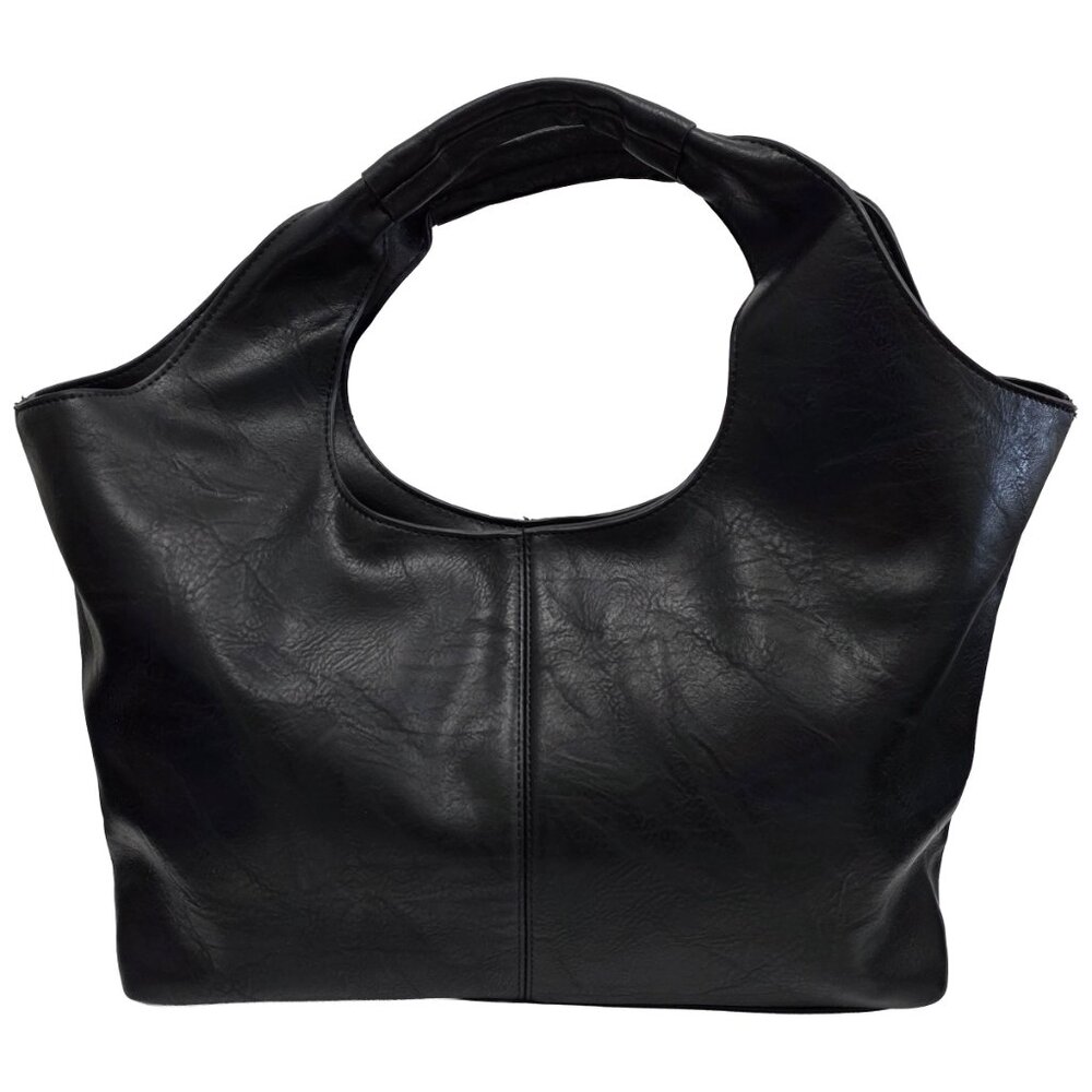 Ahdorned Black Faux Leather Hobo Bag with Detachable Clutch